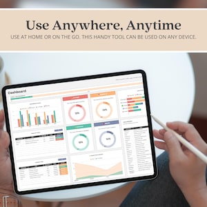 May include: A tablet displaying a digital dashboard with various data charts, graphs, and tables. The screen shows the text Dashboard, Use Anywhere, Anytime, and USE AT HOME OR ON THE GO. THIS HANDY TOOL CAN BE USED ON ANY DEVICE.