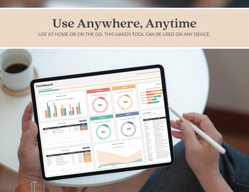 May include: A tablet displaying a digital dashboard with various data charts, graphs, and tables. The screen shows the text Dashboard, Use Anywhere, Anytime, and USE AT HOME OR ON THE GO. THIS HANDY TOOL CAN BE USED ON ANY DEVICE.