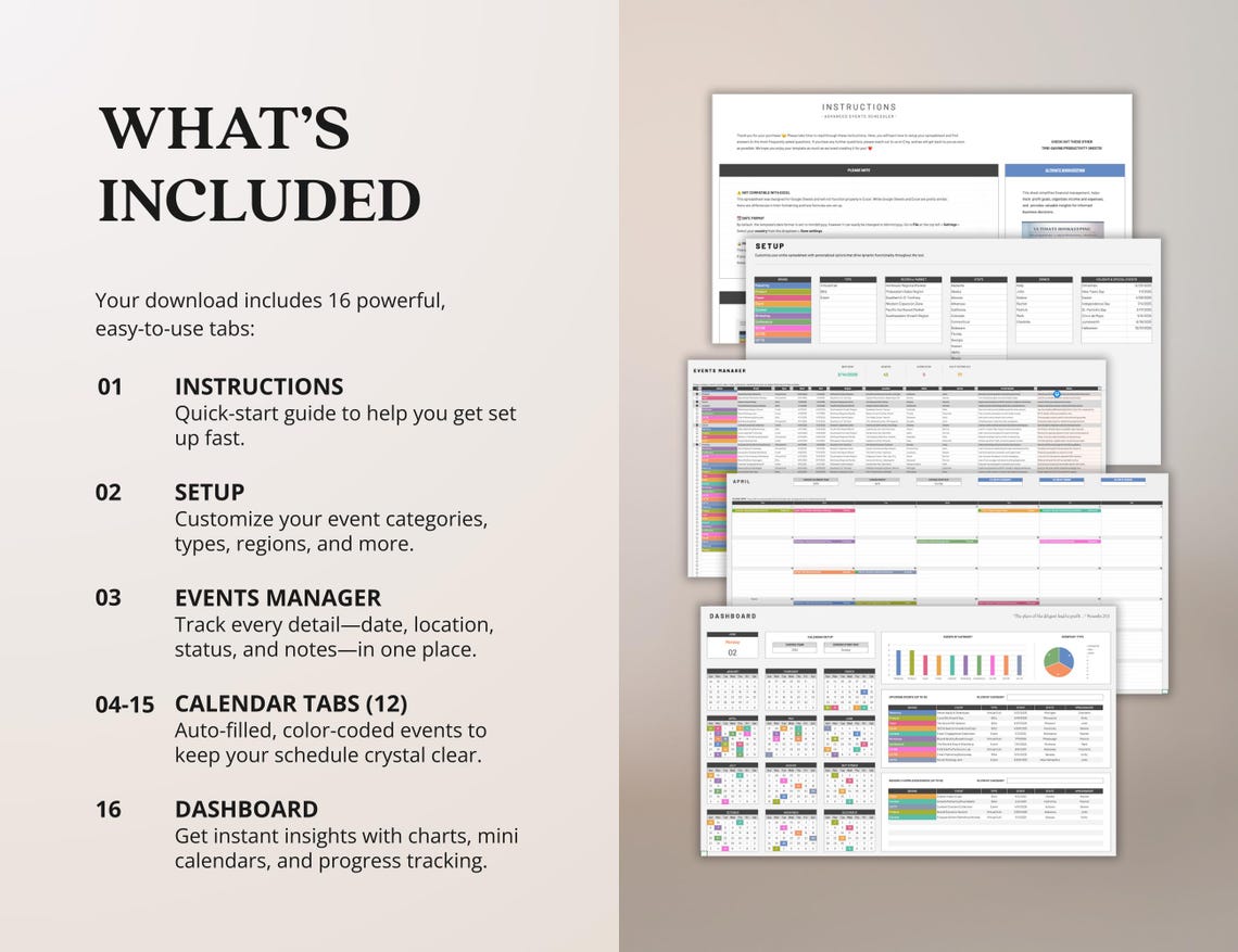 Events Schedule Calendar Spreadsheet Events Planner Tracker for Events ...