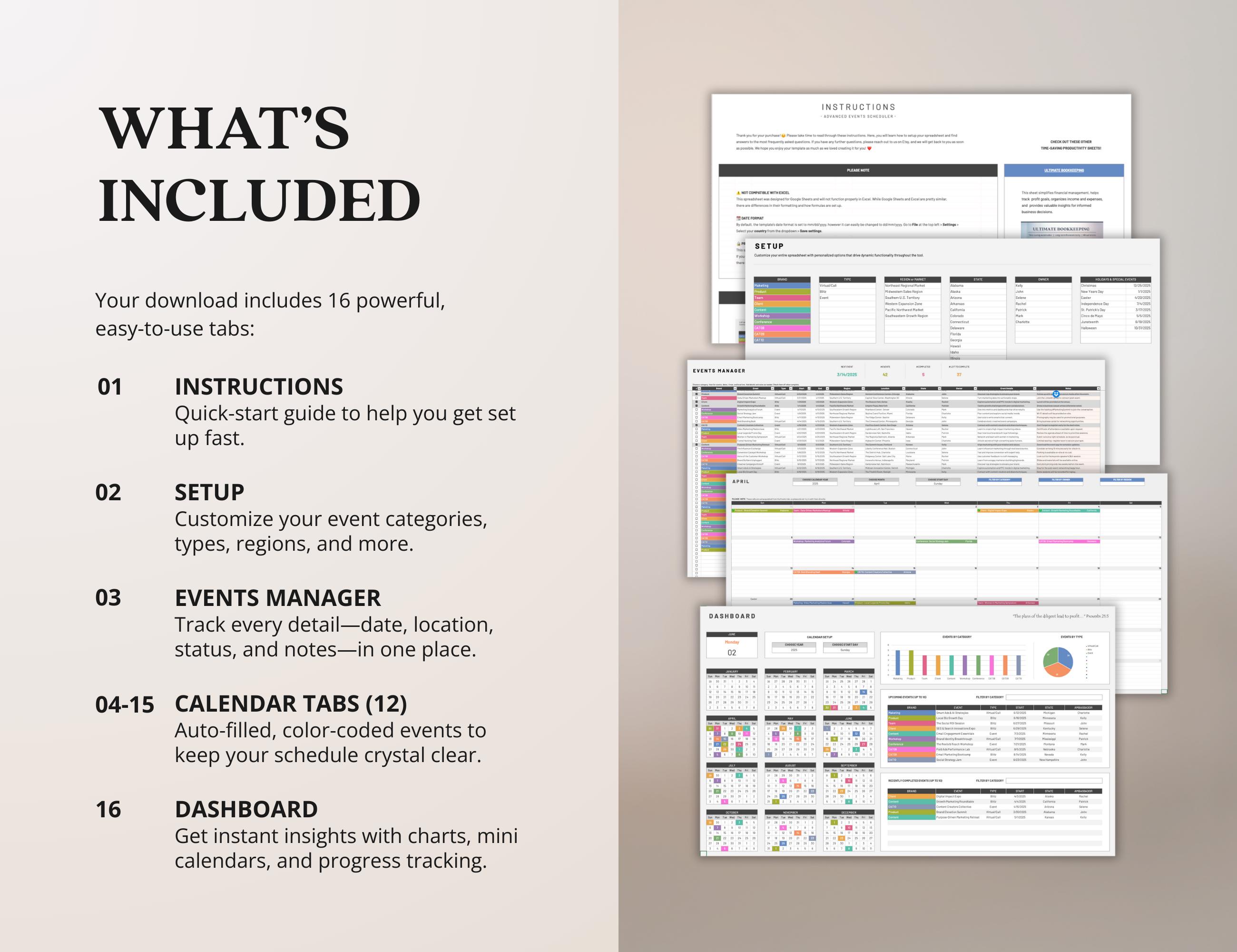 Events Schedule Calendar Spreadsheet Events Planner Tracker for Events ...