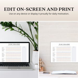 May include: A digital and printable 75-day challenge tracker. The tracker is displayed on a laptop computer and a framed print on a desk. The tracker has a grid with 75 squares, each with a number. The squares are colored in orange and blue.