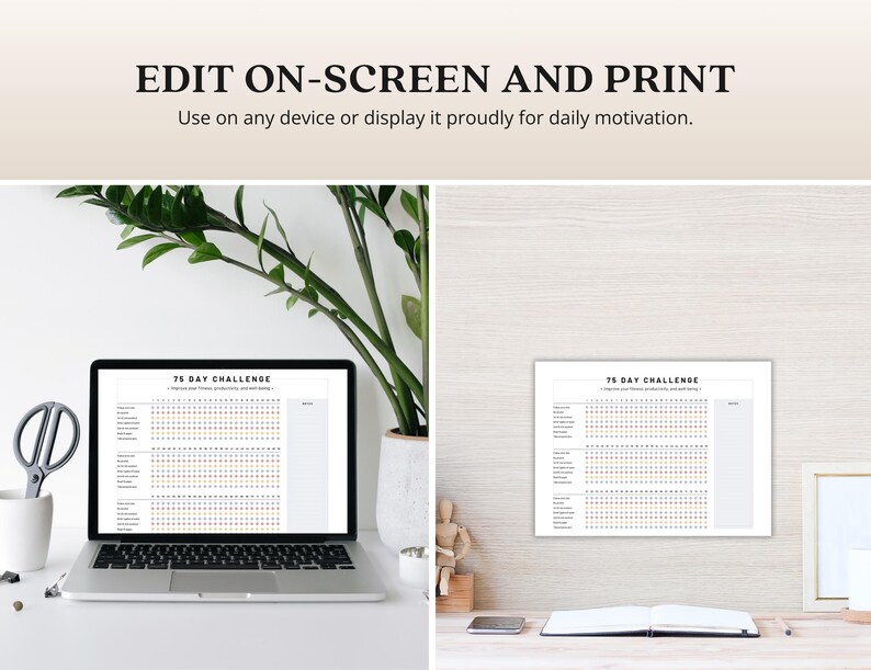 May include: A digital and printable 75-day challenge tracker. The tracker is displayed on a laptop computer and a framed print on a desk. The tracker has a grid with 75 squares, each with a number. The squares are colored in orange and blue.
