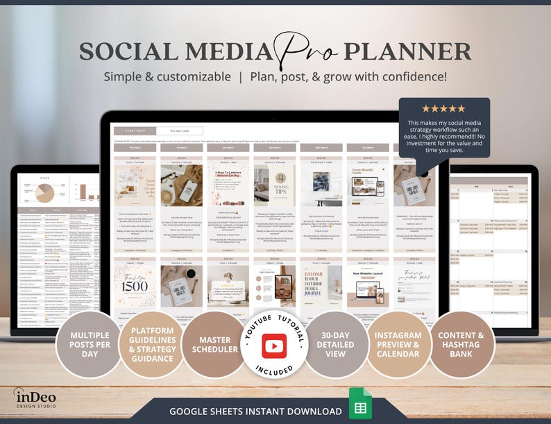May include: A digital Social Media Pro Planner displayed on three screens. The planner includes features like a master scheduler, Instagram preview, and content hashtag bank. Text on the image reads "Simple & customizable | Plan, post, & grow with confidence!"