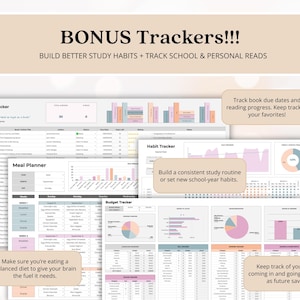 May include: A digital planner set featuring a Book Tracker, Meal Planner, Habit Tracker, and Budget Tracker. The interface includes tables, pie charts, and bar graphs with text labels like BONUS Trackers, Build Better Study Habits, and Track School.
