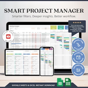 May include: A digital project management tool displayed on a laptop, tablet, and smartphone. The screen shows data visualizations and project tracking information. Text includes "SMART PROJECT MANAGER" and "GOOGLE SHEETS & EXCEL INSTANT DOWNLOAD."