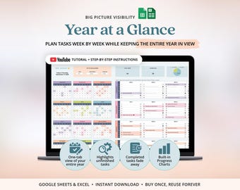 Year At A Glance Calendar Template Editable Yearly Planner Spreadsheet Visual Schedule Template Annual Family Calendar Birthday Calendar