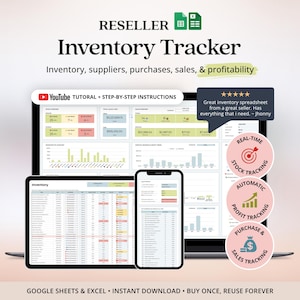 May include: A digital inventory tracker spreadsheet for Google Sheets and Excel displayed on a laptop, tablet, and smartphone. The interface features data tables, charts, and text labels including YouTube tutorial, real-time stock, profit, and sales tracking.