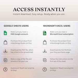 May include: A digital product guide with instructions for Google Sheets and Microsoft Excel users. The text reads "ACCESS INSTANTLY" and details how to download and set up the product. Instructions include purchasing from Etsy and downloading files.