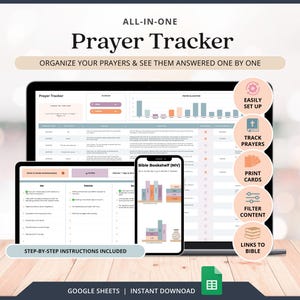 Puede incluir: Un rastreador de oraciones digital que se muestra en una computadora portátil, una tableta y un teléfono inteligente. Las pantallas muestran gráficos y listas para organizar las oraciones. La imagen incluye el texto "ALL-IN-ONE Prayer Tracker".