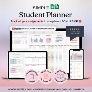 Assignment Tracker Study Planner Google Sheets Excel College Assignment Planner Academic Calendar Monthly Reading Tracker And To Do List