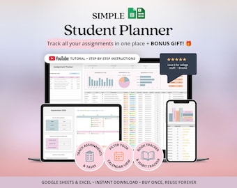 Assignment Tracker Study Planner Google Sheets Excel College Assignment Planner Academic Calendar Monthly Reading Tracker And To Do List