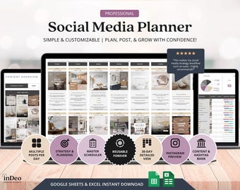 May include: A digital social media planner displayed on three laptop screens. The interface features a content overview, a 30-day detailed view, and a status dashboard. Seven circular icons highlight features like strategy, master scheduler, and hashtag bank.