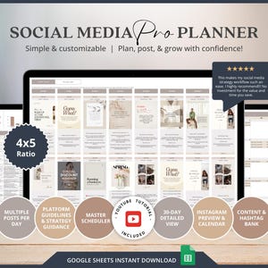 May include: A digital Social Media Pro Planner displayed on three screens. The planner includes features like multiple posts per day, platform guidelines, a master scheduler, and a 30-day detailed view. The planner is designed to help users plan, post, and grow with confidence.