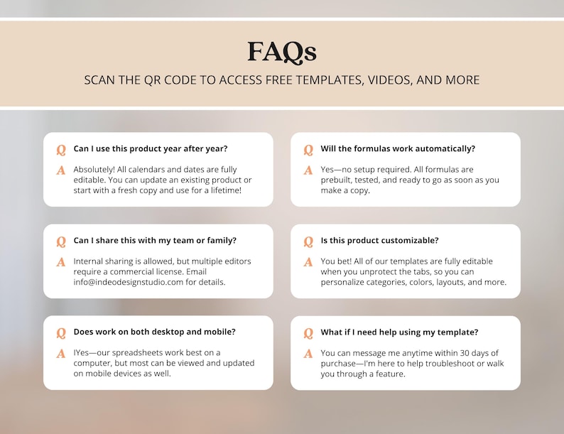 May include: An informational graphic titled FAQs with the text SCAN THE QR CODE TO ACCESS FREE TEMPLATES, VIDEOS, AND MORE. It features six question-and-answer blocks regarding product usage, customization, sharing, and support for digital templates.