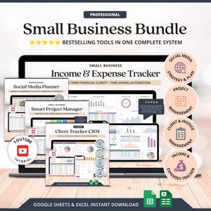 Könnte beinhalten: Ein professionelles Kleinunternehmer-Paket mit digitalen Werkzeugen für Einnahmen- und Ausgabenverfolgung, Social-Media-Planung, Projektmanagement und Kunden-CRM. Das Set enthält Vorlagen für Google Sheets und Excel mit Symbolen für Strategie und Planung.