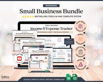 May include: A professional small business bundle featuring digital tools for income and expense tracking, social media planning, project management, and client CRM. The set includes Google Sheets and Excel templates with icons for strategy, planning, and invoicing.