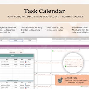 May include: A digital task calendar with the title "Task Calendar" and the tagline "Plan, Filter, and Execute Tasks Across Clients - Month at a Glance." Features include monthly task planning, quick action lists, smart filters, and a flexible view.
