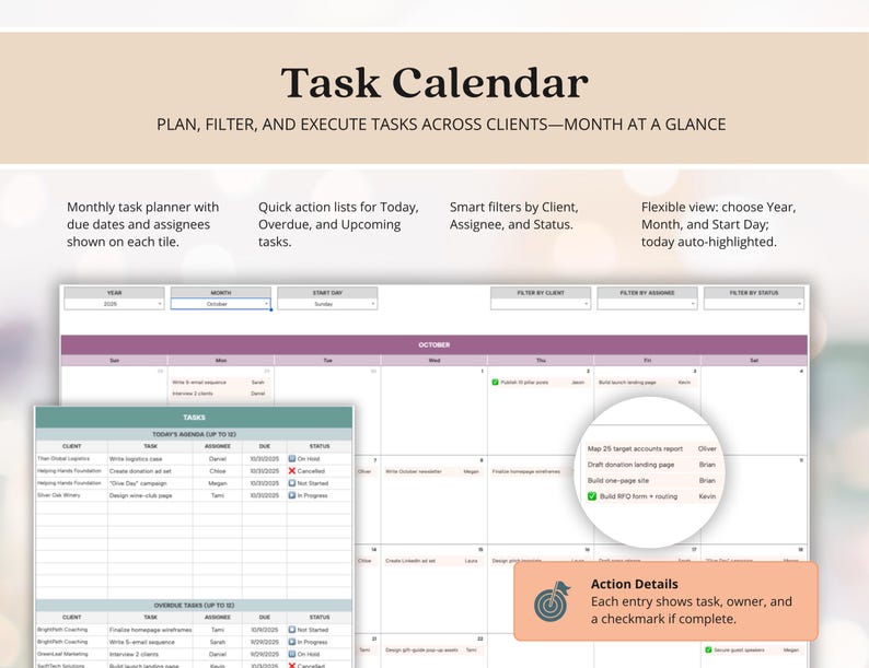 May include: A digital task calendar with the title "Task Calendar" and the tagline "Plan, Filter, and Execute Tasks Across Clients - Month at a Glance." Features include monthly task planning, quick action lists, smart filters, and a flexible view.