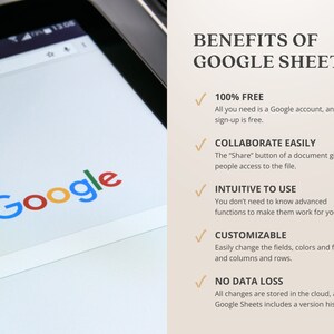 May include: A screenshot of a smartphone displaying the Google search engine logo. The text "BENEFITS OF GOOGLE SHEETS" is displayed on the right side of the image with a list of benefits including: 100% FREE, COLLABORATE EASILY, INTUITIVE TO USE, CUSTOMIZABLE, and NO DATA LOSS.