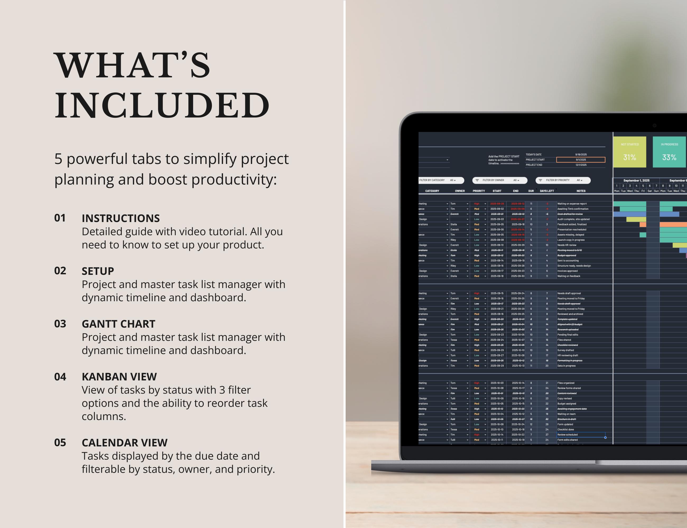 Project Task Excel Workbook Project Management Excel Task Tracker Spreadsheet Digital Timeline ...