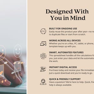 May include: A beige informational graphic titled Designed With You in Mind, listing five features: Built for Ongoing Use, Works Across All Devices, Smart, Automated Features, Instant Digital Access, and Quick & Friendly Support with icons.