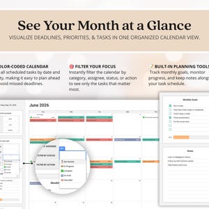 May include: A digital calendar interface for June 2026 titled See Your Month at a Glance. It features color-coded tasks, filter options by category, assignee, status, or action, and side panels for monthly goals and notes with checkboxes.