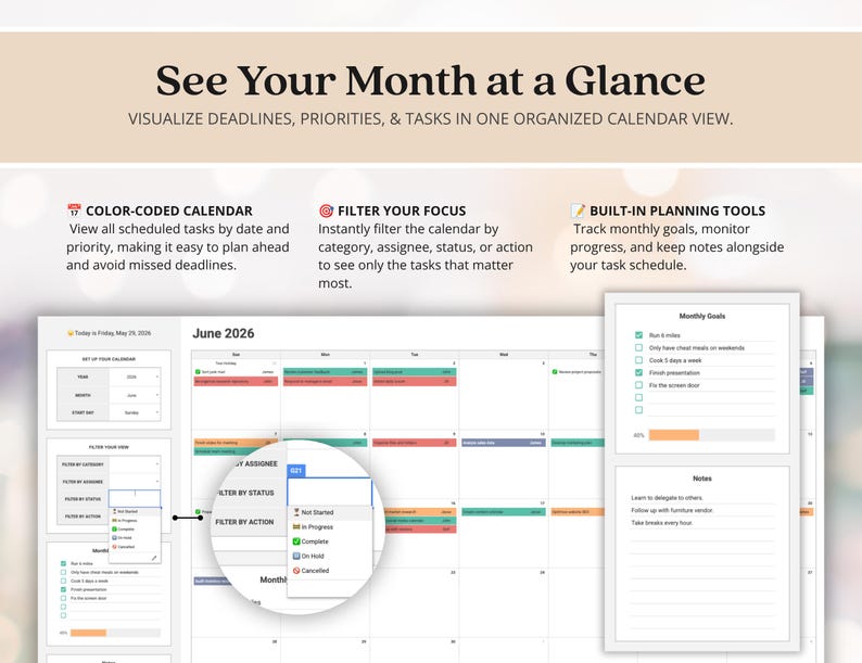 May include: A digital calendar interface for June 2026 titled See Your Month at a Glance. It features color-coded tasks, filter options by category, assignee, status, or action, and side panels for monthly goals and notes with checkboxes.
