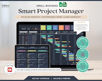 Plantilla de gestión de proyectos, planificador de cronograma en Google Sheets, diagrama de Gantt, plantilla de seguimiento de tareas de equipo en Excel, gestión de pequeñas empresas