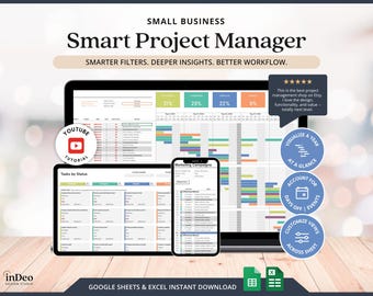 Plantilla de planificador de proyectos Hoja de seguimiento de gestión de proyectos Diagrama de Gantt Hojas de cálculo de Google Tablero Kanban Calendario de proyectos empresariales Rastreador de tareas de equipo