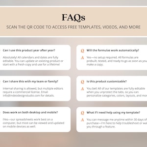 K&ouml;nnte beinhalten: Beige Grafik mit der &Uuml;berschrift &bdquo;FAQs&ldquo; und dem Text &bdquo;SCANNE DEN QR-CODE, UM KOSTENLOSE VORLAGEN, VIDEOS UND MEHR ZU ERHALTEN&ldquo;. Sechs Fragen und Antworten zu den Funktionen und der Verwendung des Produkts.