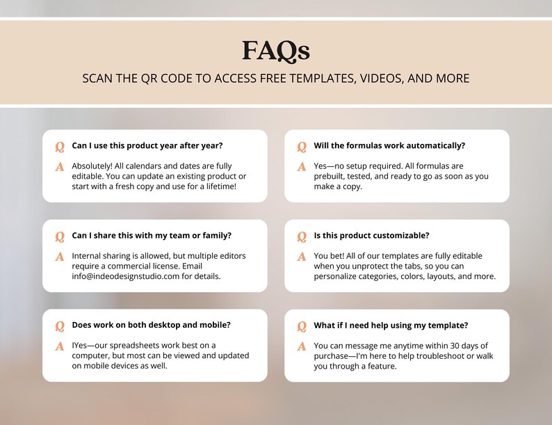 K&ouml;nnte beinhalten: Beige Grafik mit der &Uuml;berschrift &bdquo;FAQs&ldquo; und dem Text &bdquo;SCANNE DEN QR-CODE, UM KOSTENLOSE VORLAGEN, VIDEOS UND MEHR ZU ERHALTEN&ldquo;. Sechs Fragen und Antworten zu den Funktionen und der Verwendung des Produkts.
