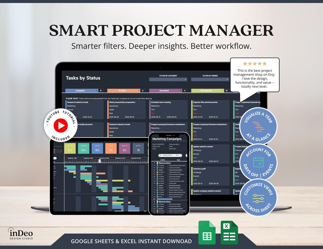 Project Management Excel Task Tracker Spreadsheet Digital Timeline ...