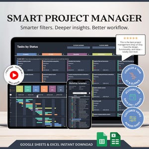 May include: A laptop and smartphone show a project management interface with the text "SMART PROJECT MANAGER." The interface includes task statuses, filters, and insights. Additional text includes "Smarter filters. Deeper insights. Better workflow."