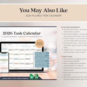 May include: A 2026 digital task calendar displayed on a laptop and smartphone screen. The interface features a monthly calendar view, color-coded categories, priority tracking, goal and habit trackers, and progress charts for Google Sheets and Excel.