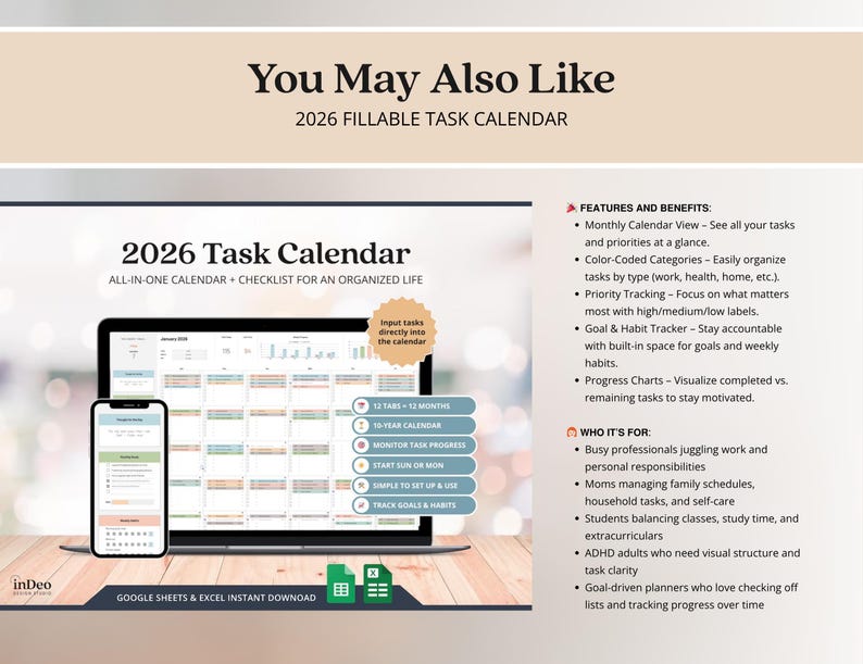 May include: A 2026 digital task calendar displayed on a laptop and smartphone screen. The interface features a monthly calendar view, color-coded categories, priority tracking, goal and habit trackers, and progress charts for Google Sheets and Excel.