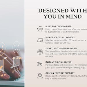May include: Image features the text "DESIGNED WITH YOU IN MIND" with bullet points describing the product's features. The image also shows a person's hand interacting with a computer keyboard, with overlaid graphics.