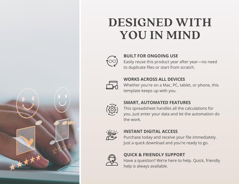 May include: Image features the text "DESIGNED WITH YOU IN MIND" with bullet points describing the product's features. The image also shows a person's hand interacting with a computer keyboard, with overlaid graphics.