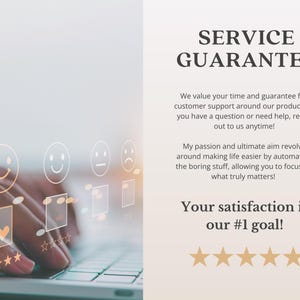 K&ouml;nnte beinhalten: Ein wei&szlig;er Hintergrund mit dem Text "SERVICE GARANTIE" in Schwarz. Der Text darunter lautet: "Wir sch&auml;tzen Ihre Zeit und garantieren Ihnen umfassenden Kundensupport rund um unsere Produkte. Wenn Sie eine Frage haben oder Hilfe ben&ouml;tigen, wenden Sie sich jederzeit an uns! Meine Leidenschaft und mein oberstes Ziel sind es, das Leben einfacher zu machen, indem ich langweilige Aufgaben automatisiere, damit Sie sich auf das konzentrieren k&ouml;nnen, was wirklich z&auml;hlt! Ihre Zufriedenheit ist unser oberstes Ziel!" Unter dem Text sind f&uuml;nf goldene Sterne abgebildet.
