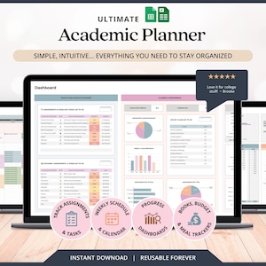 May include: Three laptops displaying an academic planner interface. The planner includes sections for assignments, schedules, and progress dashboards. The text on the screen reads "Ultimate Academic Planner" and "Instant Download | Reusable Forever."