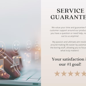 May include: Image with the text "SERVICE GUARANTEE" and "Your satisfaction is our #1 goal!". A hand is shown using a laptop with a checkmark icon and star ratings. Smiley face icons are also visible.