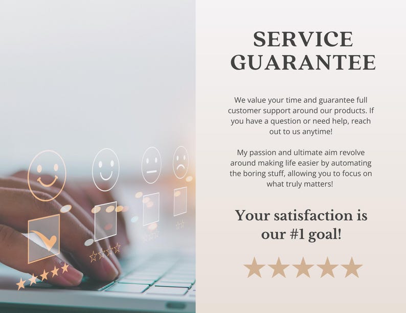 May include: Image with the text "SERVICE GUARANTEE" and "Your satisfaction is our #1 goal!". A hand is shown using a laptop with a checkmark icon and star ratings. Smiley face icons are also visible.