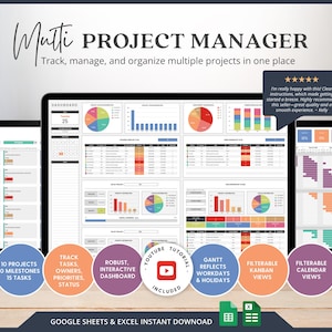 Puede incluir: Una herramienta digital de gestión de proyectos que se muestra en tres tabletas. La interfaz muestra gráficos y cronogramas de proyectos. El texto incluye "Multi Project Manager", "Realice un seguimiento, gestione y organice múltiples proyectos en un solo lugar" y funciones.