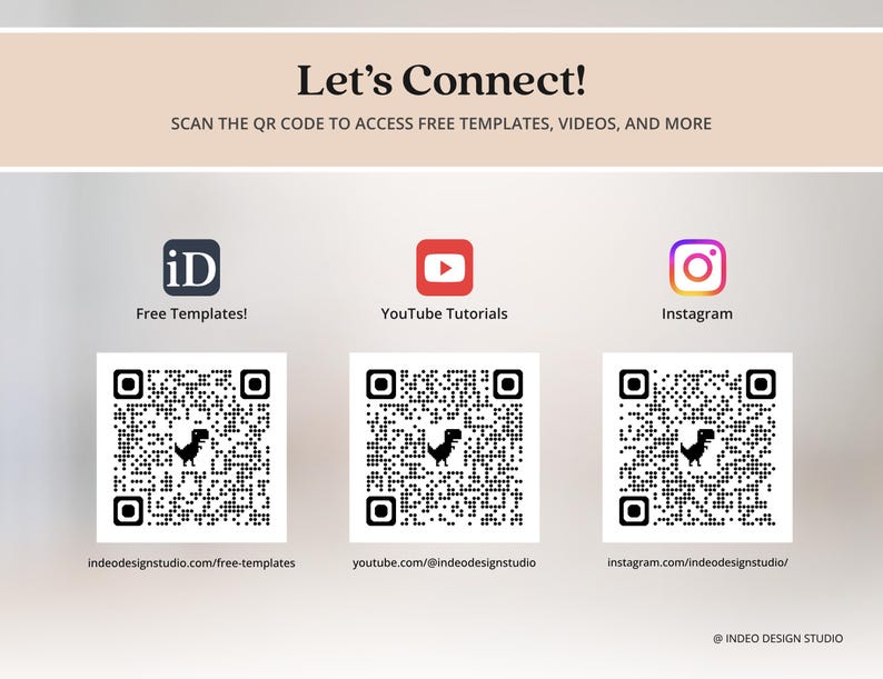 以下が含まれることがあります： Let's Connect!およびSCAN THE QR CODE TO ACCESS FREE TEMPLATES, VIDEOS, AND MOREというテキストが記載されたデジタル画像。小さな恐竜のアイコンが付いた3つのQRコードがあり、Free Templates!、YouTube Tutorials、Instagramとラベル付けされています。