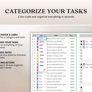 May include: A digital task management interface with the headline "CATEGORIZE YOUR TASKS." The interface displays a color-coded task list with categories, tasks, and due dates. Instructions include choosing a label, adding tasks, and setting dates.