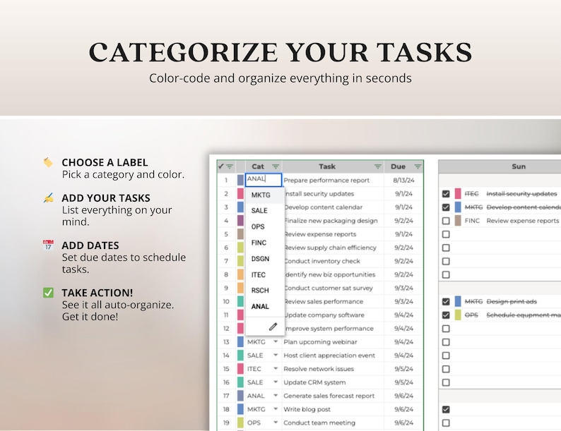 May include: A digital task management interface with the headline "CATEGORIZE YOUR TASKS." The interface displays a color-coded task list with categories, tasks, and due dates. Instructions include choosing a label, adding tasks, and setting dates.