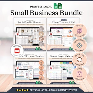 May include: A professional small business bundle featuring four digital templates: Social Media Planner, Client Tracker CRM, Income & Expense Tracker, and Smart Project Manager. Each includes Google Sheets and Excel icons, YouTube tutorial badges, and circular feature labels.