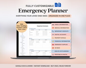 End Of Life Planner Printable Emergency Binder Template Google Docs and Word Doc Template Customizable Medical Legal Financial Records