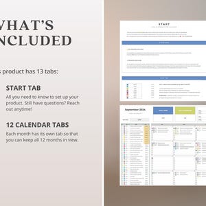 May include: A digital planner layout with the text "WHAT'S INCLUDED" and details about the product's features. The image highlights 13 tabs, including a start tab and 12 calendar tabs. The layout includes a calendar for September 2024.