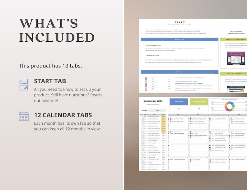 May include: A digital planner layout with the text "WHAT'S INCLUDED" and details about the product's features. The image highlights 13 tabs, including a start tab and 12 calendar tabs. The layout includes a calendar for September 2024.