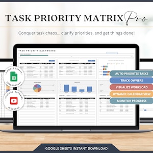 Könnte beinhalten: Eine Google Sheets-Spreadsheet-Vorlage für eine Aufgabenprioritätsmatrix. Die Vorlage enthält Funktionen wie die automatische Priorisierung von Aufgaben, die Verfolgung von Verantwortlichen, die Visualisierung der Arbeitslast, eine dynamische Kalenderansicht und die Überwachung des Fortschritts. Die Vorlage steht zum sofortigen Download bereit.
